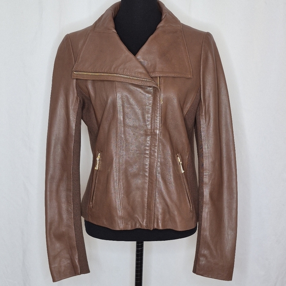 Tahari Women's Brown Lambskin Leather and Knit Zip-Front Cropped Jacket - Size M - Picture 1 of 13